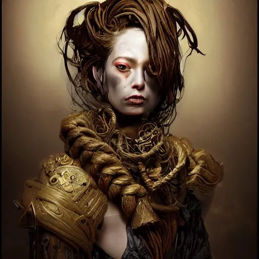 Image similar to portrait of a Shibari rope wrapped face and neck, headshot, insanely nice professional hair style, dramatic hair color, digital painting, of a old 15th century, old cyborg merchant, amber jewels, baroque, ornate clothing, scifi, realistic, hyperdetailed, chiaroscuro, concept art, art by Franz Hals and Jon Foster and Ayami Kojima and Amano and Karol Bak,