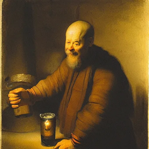 Prompt: monk holding a beer mug, barrels in the background, cellar vault, lit by candlelight, painted by Rembrandt