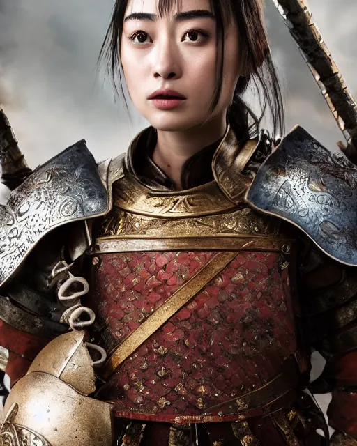 Prompt: suzu hirose as chinese warrior princess at the battle of helms deep, background: battle scene, clear makeup, clean hair, dry skin, clear skin, airbrushed, bright eye makeup, warrior body, photo by mario testino, 8k octane render, cinematic, hyper detailed, micro details, insanely detailed, trending on artstation, concept art