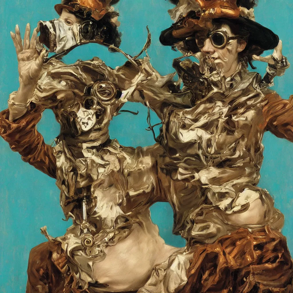 Prompt: high quality high detail painting by lucian freud, jenny savile, ilya repin and john singer sargent, steampunk crazy person with face mask dancing, turquoise, hd