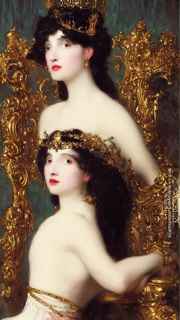 Image similar to a beautiful black haired woman with pale skin and a crown on her head sitted on an intricate metal throne by franz xaver winterhalter and delphin enjolras and rebecca guay