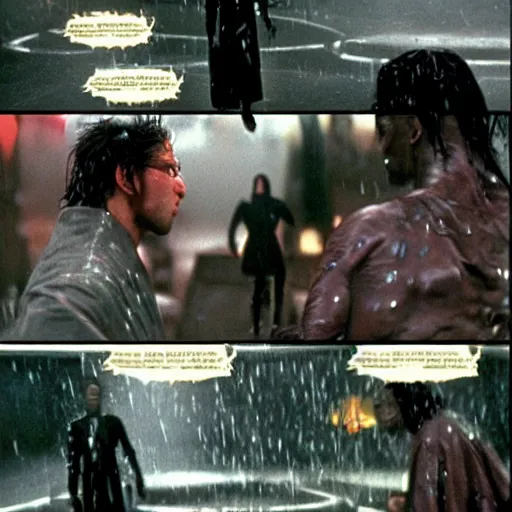 Image similar to the iconic matrix fight between neo and jar jar binks in the rain