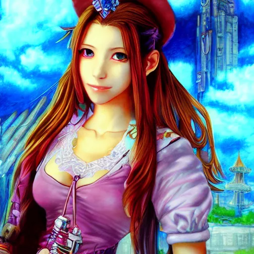 Prompt: dreamy colorful portrait drawing of aerith gainsborough from from final fantasy 7 in her signature outfit with the steam punk city midgard as backdrop, by master artist yoshitaka amano trending on artstation