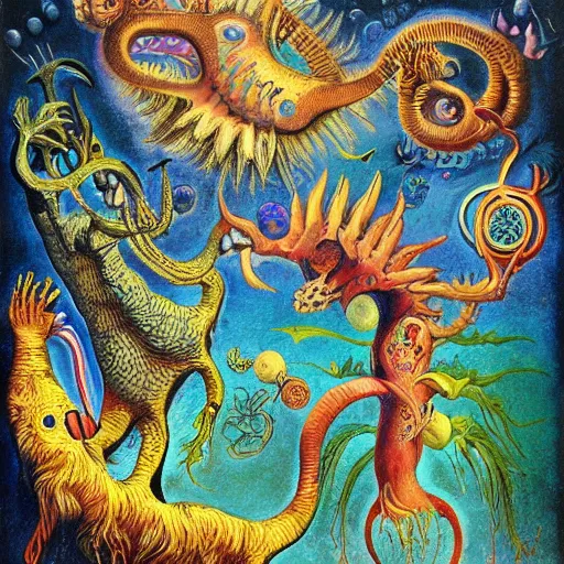 Image similar to whimsical monsters repressed in the depths of the unconcscious, surreal oil painting by Ronny Khalil and Kandinsky, drawn by Ernst Haeckel, as an offering to Zeus