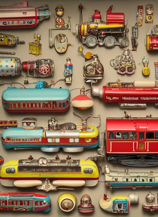 Image similar to highly detailed wide - angle portrait of a cute tin toy retro train set, nicoletta ceccoli, mark ryden, lostfish, earl nore, hyung tae, frank frazetta, global illumination, god rays, detailed and intricate environment