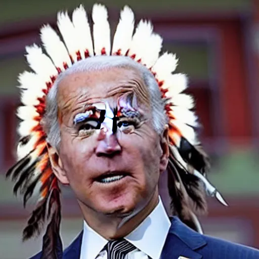 Prompt: Joe Biden as a Native American, wearing Native American headdress