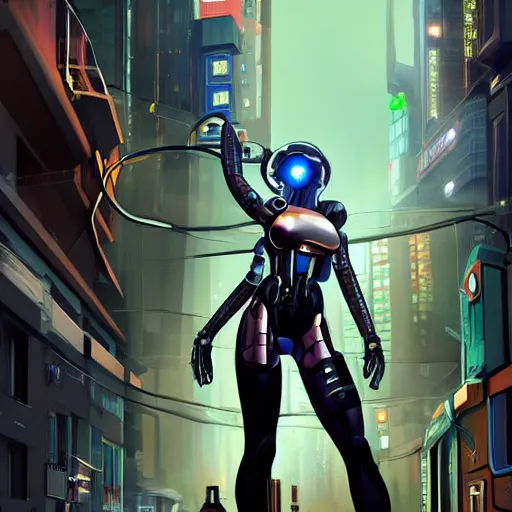 Prompt: !dream A beautiful cyberpunk woman, with bright blue eyes and a silver robotic arm, in a dark and gritty cityscape.