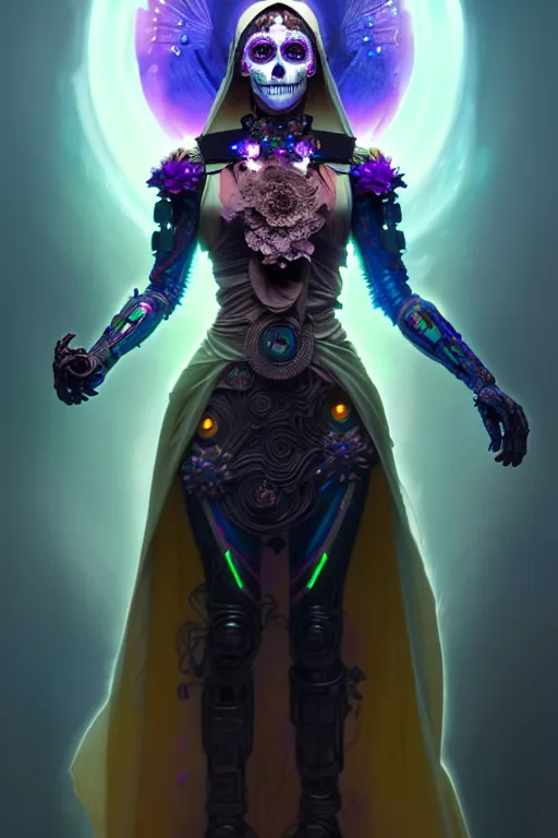 Prompt: ultra detailed female android deity, wearing a cloak, flower punk, scifi, fantasy, octane render, unreal engine, dia de los muertos, asymmetrical intricate concept art, triadic color, art by artgerm and greg rutkowski and alphonse mucha, 8 k