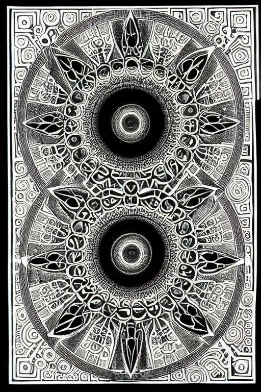 Image similar to a black and white drawing of chakra mandala ancient stargate portal, bioluminescence, a detailed mixed media collage by eduardo paolozzi and ernst haeckel, intricate linework, sketchbook psychedelic doodle comic drawing, geometric, deconstructivism, matte drawing, academic art, constructivism