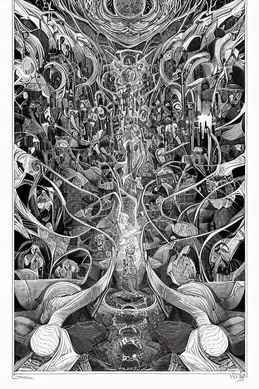 Prompt: return of the many to the one, the union of a multitude of paths to one, mystical, spiritual, epiphany, highly detail, detailed line work, tritone, by kilian eng