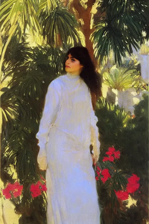 Image similar to portrait of persian girl near a lot of palm trees and bougainvillea, painting by john singer sargent