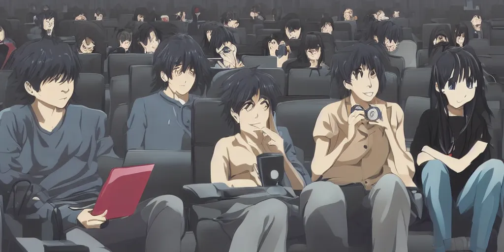 Image similar to anime art of a couple watching a film on a large screen and looking at dozens of screens simultanously, lazy and cozy, consumerism