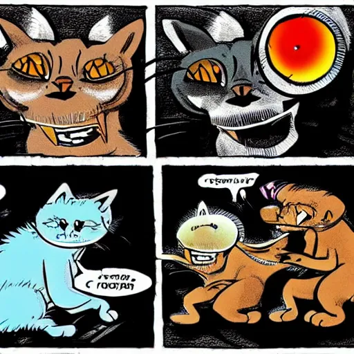 Image similar to cat with glowing eyes fighting dogs, comics style, computer art, high detail