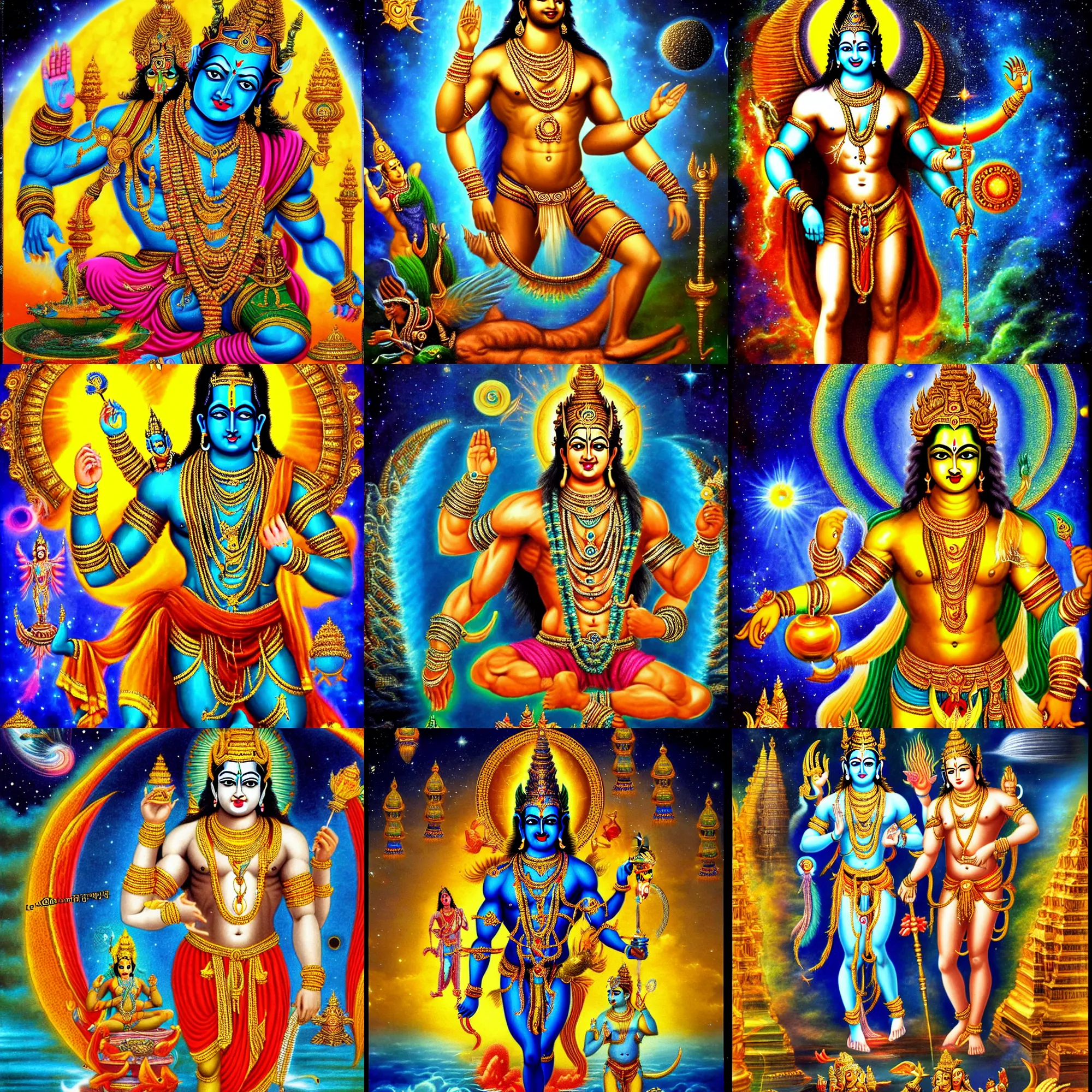 Prompt: lord vishnu, full body picture, bodybuilder, birth of the universe, multiverse, realistic, full HD, high quality, 4k