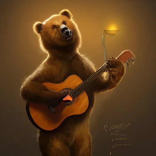 Image similar to realistic bear holding a triangular wooden triangle + guitar sound hole + guitar neck, highly detailed, digital painting, artstation, concept art, smooth, sharp focus, illustration, cinematic lighting, art by artgerm and greg rutkowski and alphonse mucha