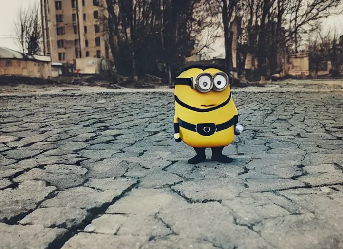 Image similar to professional fine detailed photo portrait of young minion from makhachkala, dagestan. kid minion in the postsoviet suburbia, iphone photo, instagram, color