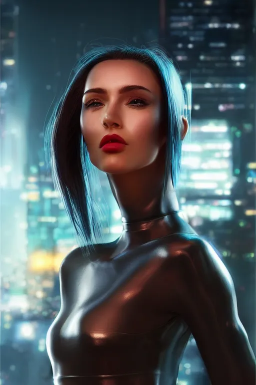 Prompt: full portrait of a beautiful female human with thin lustrous vibrant electric Cyberpunk hair wearing a bodysuit posing in a city, reflections, focus, detailed, realistic eyes, symmetric features proportions, intricate facial skin details, award winning, trending in cgsociety artstation deviant art, octane render, by Ross Tran