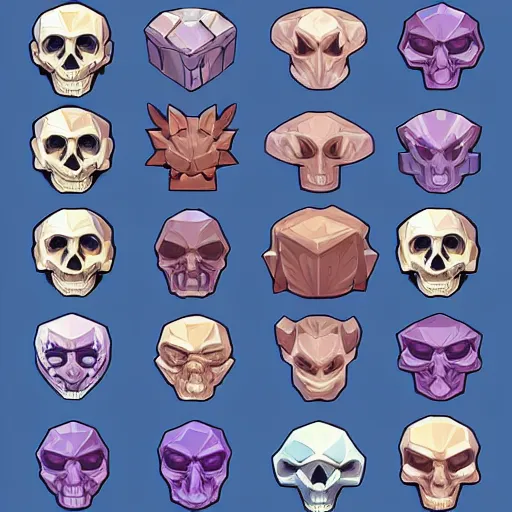 Prompt: spritesheet, game asset, polygon, [ [ [ skulls ] ] ], transparent, refractive, vector art, hearthstone, league of legends, overwatch, excessively - dimensional, refractive, fluorite, chromatic aberration