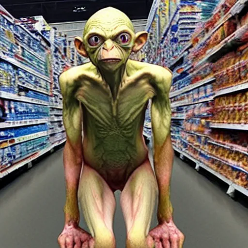 Image similar to gollum has giant chicken legs instead of his legs in a walmart