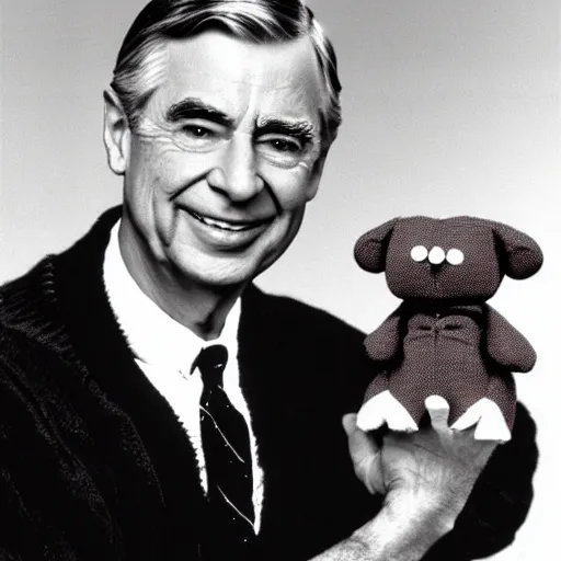 Image similar to Mister Rogers holding a devil puppet on his hand