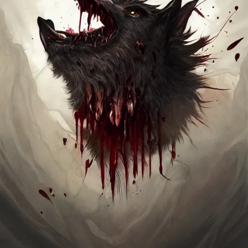 Image similar to Dark Fantasy Painting of a werewolf with blood dripping from its mouth, creepy, unsettling, horror, upper body, intricate, wild, highly detailed, digital painting, artstation, concept art, smooth, sharp focus, illustration, art by artgerm and greg rutkowski and alphonse mucha