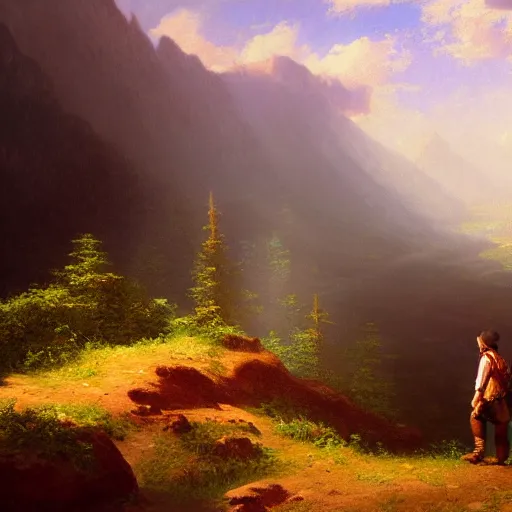 Prompt: a traveler wandering through the mountains looking at the clouds, very detailed, focused, oil painting, cinematic lighting, Albert Bierstadt, trending on Artstation - 9