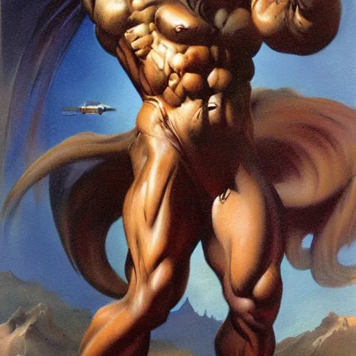 Image similar to hairy, heavy set, overbearing, hungry, menacing, giant painted by boris vallejo, frazetta