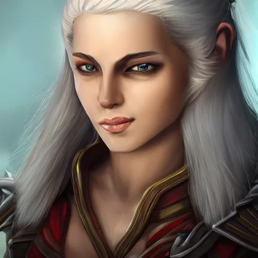 Image similar to fantasy portrait of a female human adventurer with white skin, white hair, white eyes without pupils, slightly - pointed ears, short wavy hair, eyebrow scar, trending on artstation, gentle smile, friendly, warm and welcoming, geode cave background