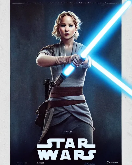 Image similar to jennifer lawrence as a jedi, battle scared with ripped clothes, holding up a blue lightsaber, very dark background, official new star wars episode xi movie poster from lucas arts, perfect symmetrical face, moody lighting, 8 k, shallow depth of field, intricate detail,