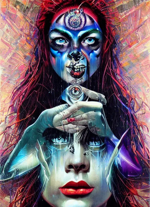 Image similar to enlightened cult psychic woman, symmetrical painted face, third eye, energetic consciousness psychedelic scene, epic surrealism expressionism symbolism, story telling, iconic, dark robed, oil painting, dark myth mythos, by Sandra Chevrier , Bruce Pennington, masterpiece