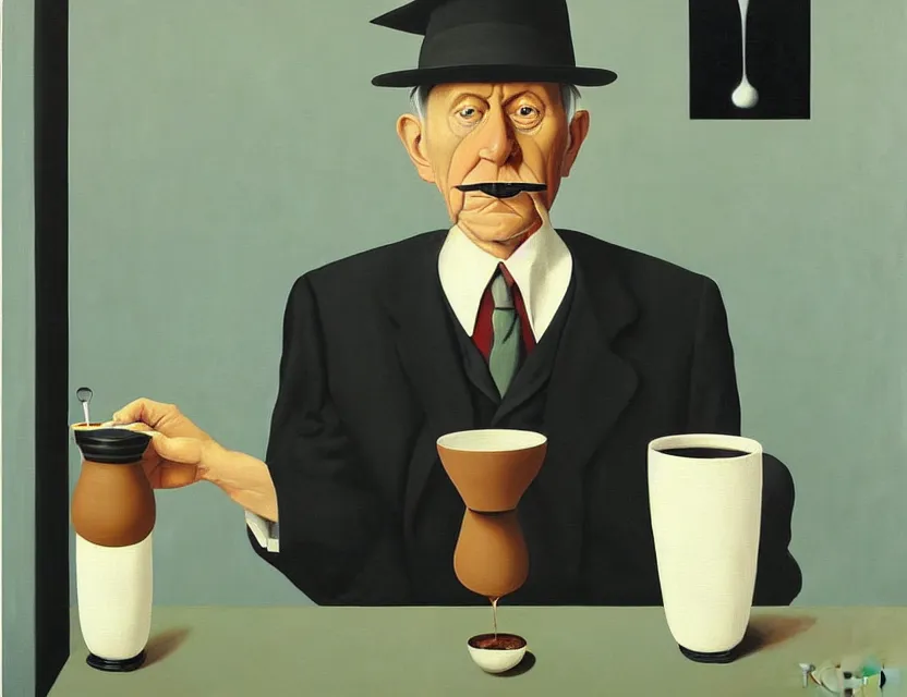 Image similar to a painting of a old and strange dusty professor in black suite making a study of drinking 1 0 cups of black coffee in a kitchen that is slowly melting, styled and painted by rene magritte