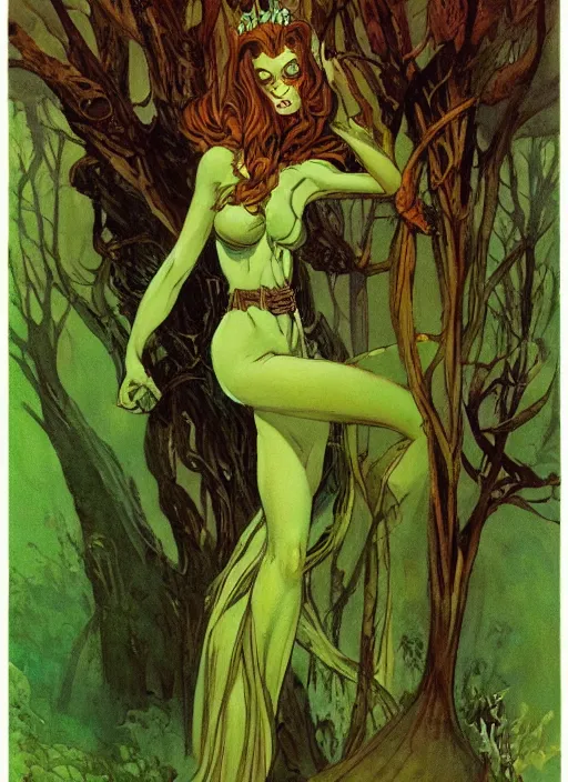 Image similar to mighty fey queen, vine dress, glowing forest, strong line, eerie color, beautiful! coherent! by frank frazetta, by brom