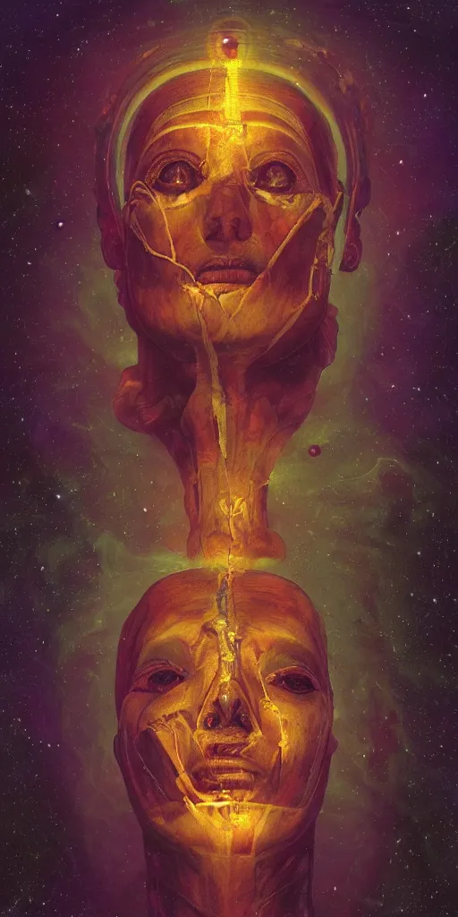 Image similar to intense glowing egyptian mummy god with ancient bandages and intense black eyes with a skull in very dark cosmic nebula by artgerm and beksinski and alphonse mucha, portrait, centered, symmetrical, clear, light beams, lens flare, intense, pharoah, uhd, amazing depth, cinematic lighting, black and purple and shining gold