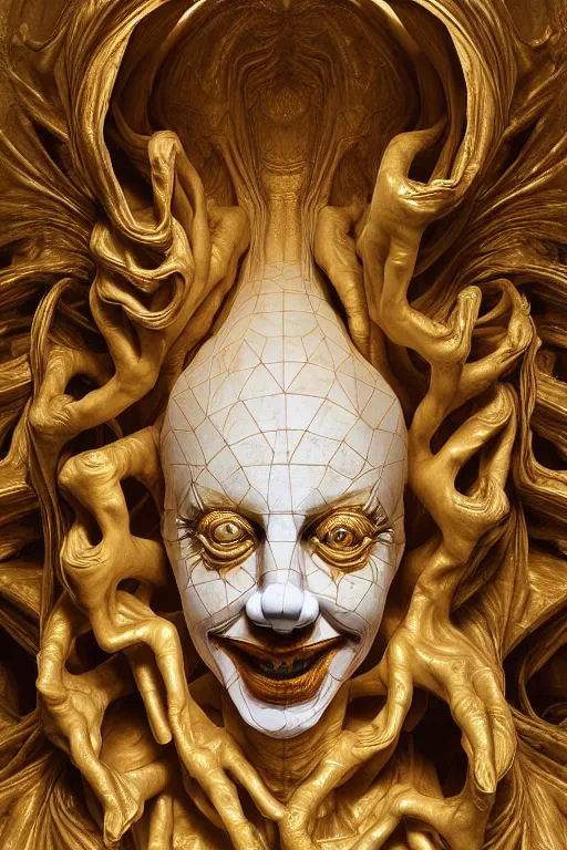 Image similar to Epic view of intricate stained Clown multiple faces looking backwards using a golden veil statue sculpted on white marble by Antonio Corradini, Wayne Barlowe and Artem Demura