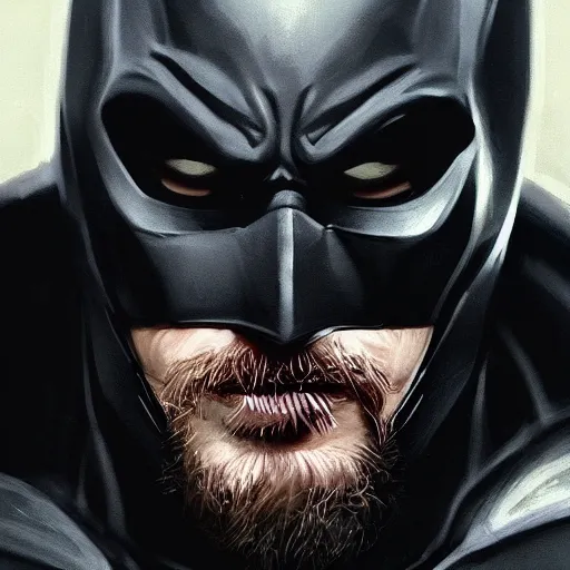 Image similar to closeup portrait of tom hardy as batman, city background, dramatic light, gorgeous view, depth, high detail, digital art, painted by greg rutkowski, trending on artstation