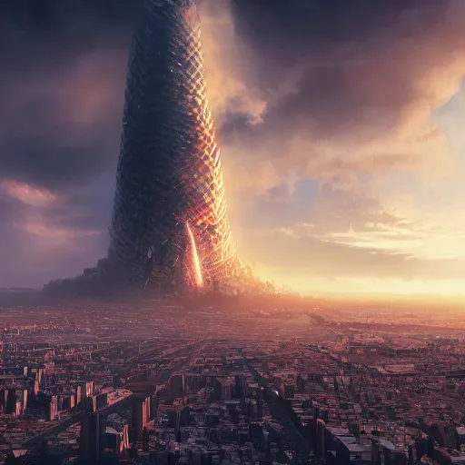 Image similar to giant 500 foot tall man destroying the city, matte painting, concept art, 4k