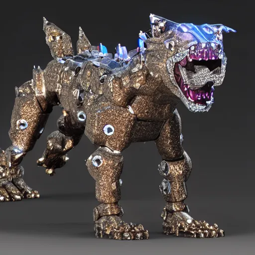 Image similar to hybrid of a cyborg dog and a diamond crystal golem kaiju, ultra detailed, 8 k, rule of thirds, professional lighting, unreal engine.