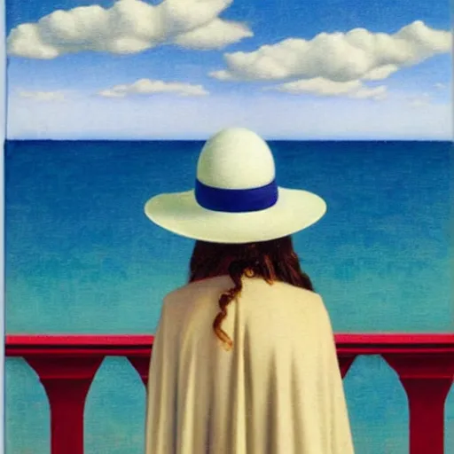 Prompt: An angel girl with jester hat and clothes on the front of a Balustrade with a beach on the background, major arcana cards, by Rene Magritte, hyperrealistic