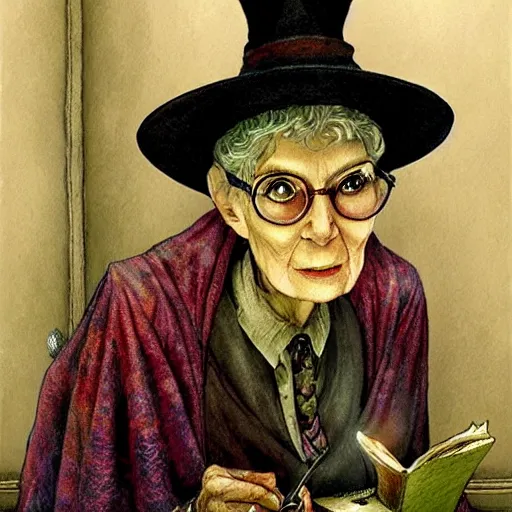 Prompt: Granny Weatherwax as a rigorous professor in Hogwarts School of Witchcraft and Wizardry, detailed, hyperrealistic, colorful, cinematic lighting, digital art by Paul Kidby’