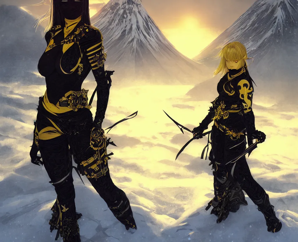 Prompt: portrait ninja gaiden girl, black plus yellow ninja wardrobe, at snowy fuji mountain sunrise, ssci - fi and fantasy, intricate and very very beautiful, detailed, digital painting, artstation, concept art, smooth and sharp focus, illustration, art by tian zi and wlop and alphonse mucha