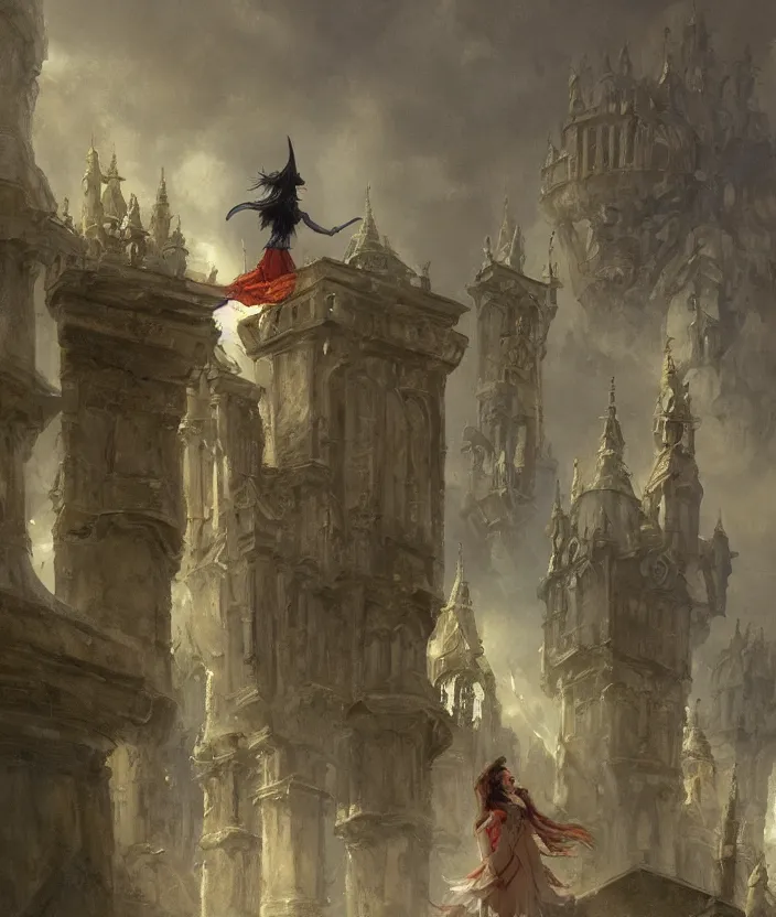 Image similar to Fantasy concept art of a witch girl standing on a palace room by William-Adolphe Bouguerea, highly detailded