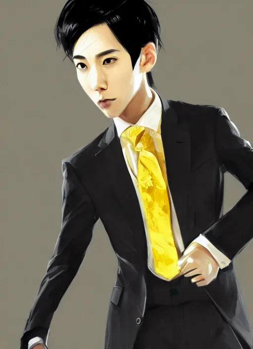 Image similar to a highly detailed illustration of young attractive black haired asian boy wearing black suit and tie with coattails, yellow eyes, dramatic elegant pose, strings background, intricate, elegant, highly detailed, centered, digital painting, artstation, concept art, smooth, sharp focus, league of legends concept art, wlop.