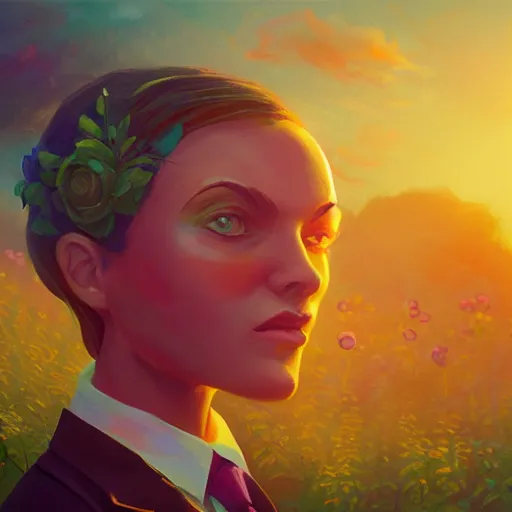 Prompt: closeup, huge rose flower face, frontal, girl in suit, surreal photography, sunrise, dramatic light, impressionist painting, digital painting, artstation, simon stalenhag