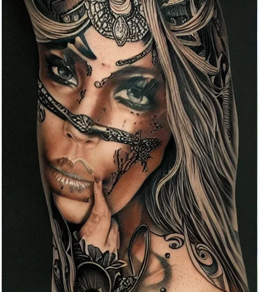 Image similar to tattoo design on paper of a hyper realistic beautiful girl warrior, hyper detailed, inspired by eliot kohek