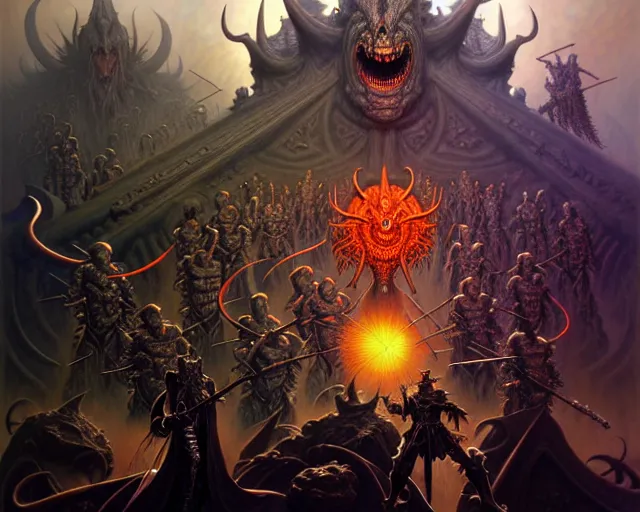 Image similar to the army of darkness and devils, fantasy character portrait made of fractals facing each other, ultra realistic, wide angle, intricate details, the fifth element artifacts, highly detailed by peter mohrbacher, hajime sorayama, wayne barlowe, boris vallejo, aaron horkey, gaston bussiere, craig mullins