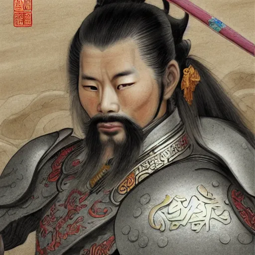 Image similar to dynamic composition, motion, ultra-detailed, incredibly detailed, a lot of details, amazing fine details and brush strokes, colorful and grayish palette, smooth, HD semirealistic anime CG concept art digital painting, watercolor oil painting of a Tang Ming dynasty chinese tao fantasy general wearing armor, from Three Kingdoms, by a Chinese artist at ArtStation, by Huang Guangjian, Fenghua Zhong, Ruan Jia, Xin Jin and Wei Chang. Realistic artwork of a Chinese videogame, gradients, gentle an harmonic grayish colors.