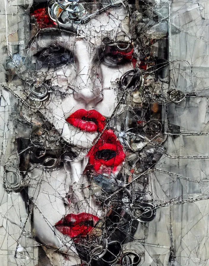 Prompt: chained sophisticated depravity, mixed media collage, assemblage, oil painting, minimalist, contemporary art, punk art, photorealistic, portrait, expressionism, masterpiece, dynamic composition, spectacular quality, intricate details, shattered glass texture, chains, neon, smoke, harmonic