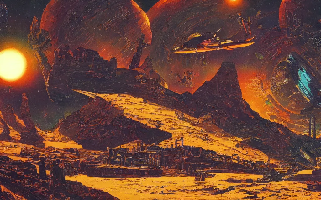 Image similar to artwork in the style of finnian macmanus and in the style of chesley bonestell.