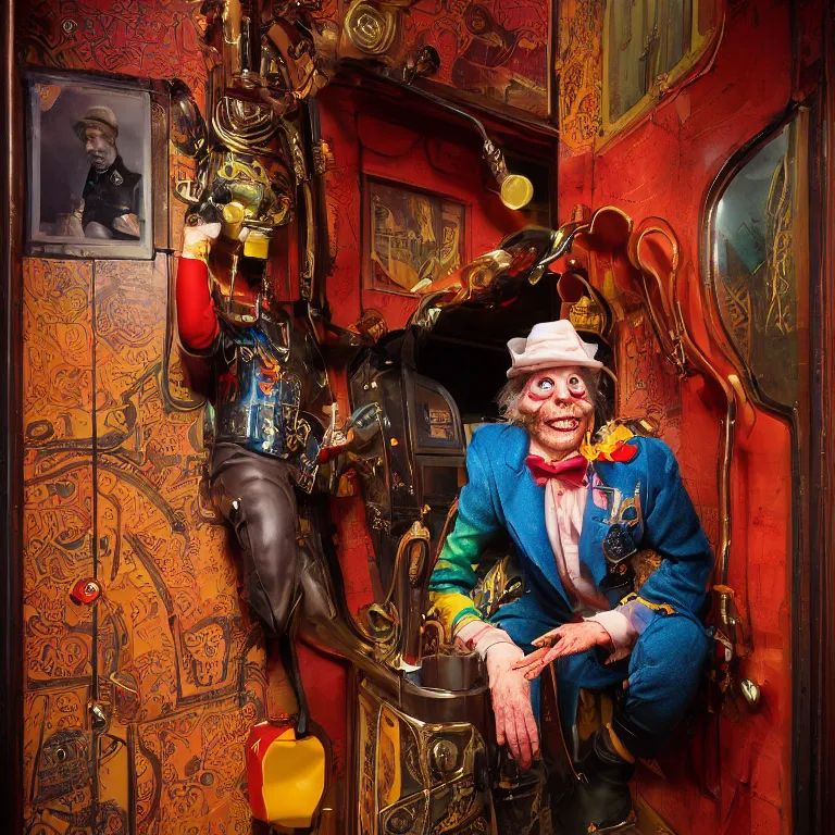 Image similar to professional octane render portrait by wayne barlow and carlo crivelli and glenn fabry, an eccentric weird man in a bright colorful saturated wes anderson elevator operator costume inside a dark and moody vintage elevator in a high - end exotic vintage boutique hotel, very short depth of field, bokeh