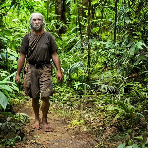 Image similar to george washington cave man, piercing eyes, walking towards camera in the jungle, wildlife camera